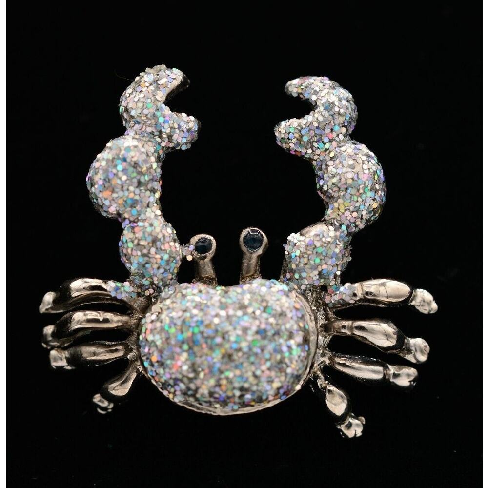 Vintage Glitter Crab Pin Brooch Rainbow Sparkling Silver Tone Summer 1990s BinAJ
